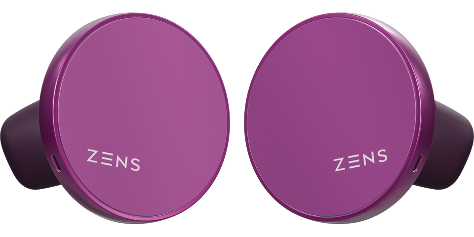 ピンクがかったパープルのZENSBUDS AIイヤホン、左用と右用