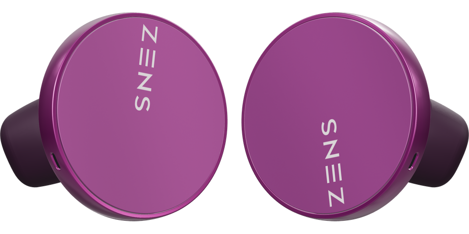 CADデータに基づくパープルのZENSBUDS AIイヤホン。左用を左側、右用を右側に配置し、外側の面を示しています。