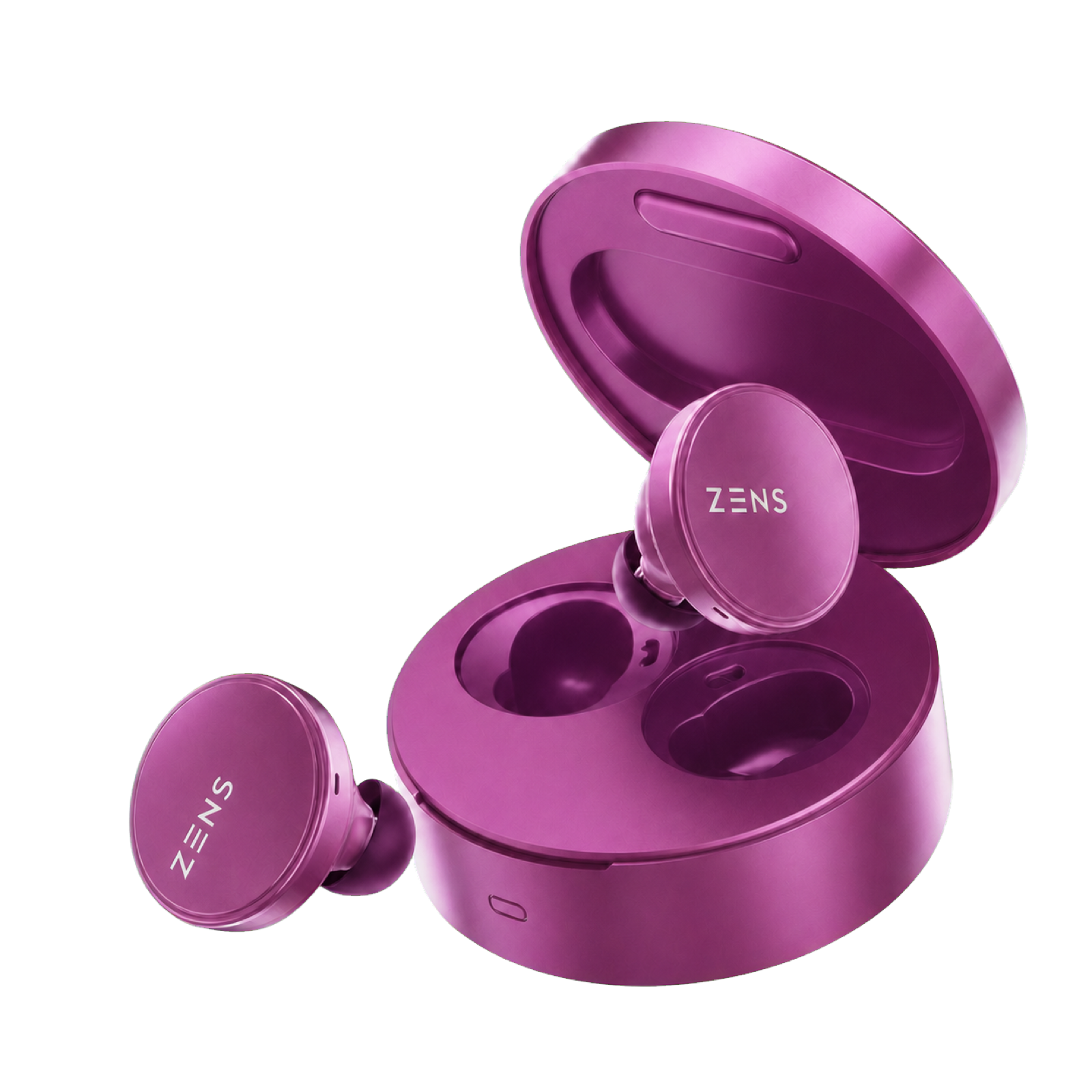 パープルのZENSBUDS AIイヤホンと、ふたを開けた充電ケース